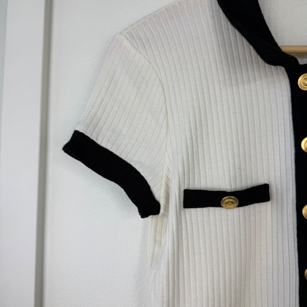Reformation White Black Aminara Knit Short Sleeve Top Old Money Size Large - Picture 8 of 14